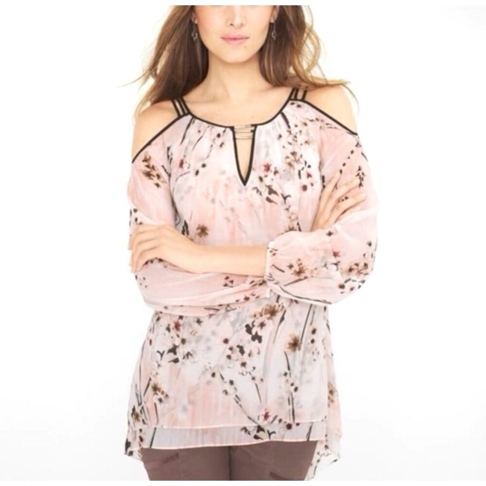White House Black Market Floral Chiffon‎ Cold Shoulder Hi-Low Blouse Top Size XS